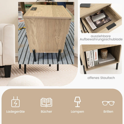 Modern bedside table with charging station & drawer & open compartment side table storage table