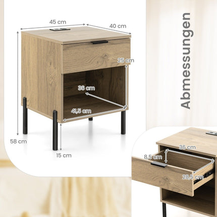 Modern bedside table with charging station & drawer & open compartment side table storage table