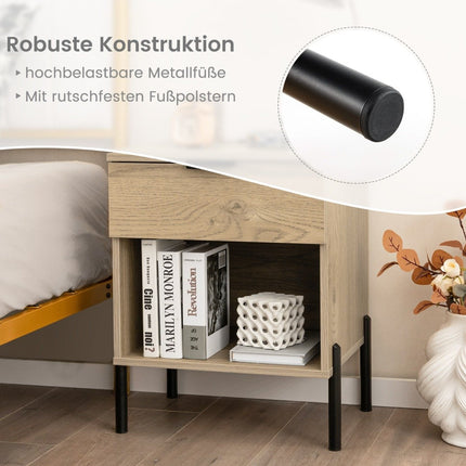 Modern bedside table with charging station & drawer & open compartment side table storage table
