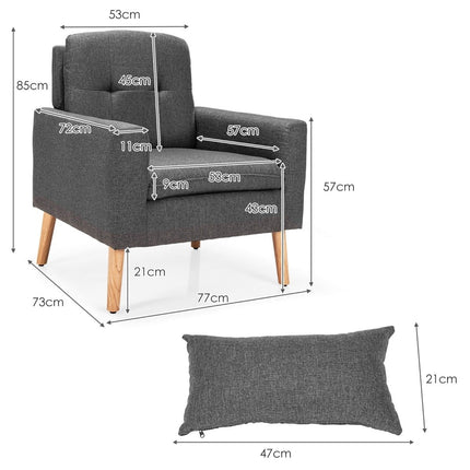 Moderne relaxfauteuil met armleuningen en rugkussens. Gestoffeerde eenpersoonsbank grijs 73 x 77 x 85 cm