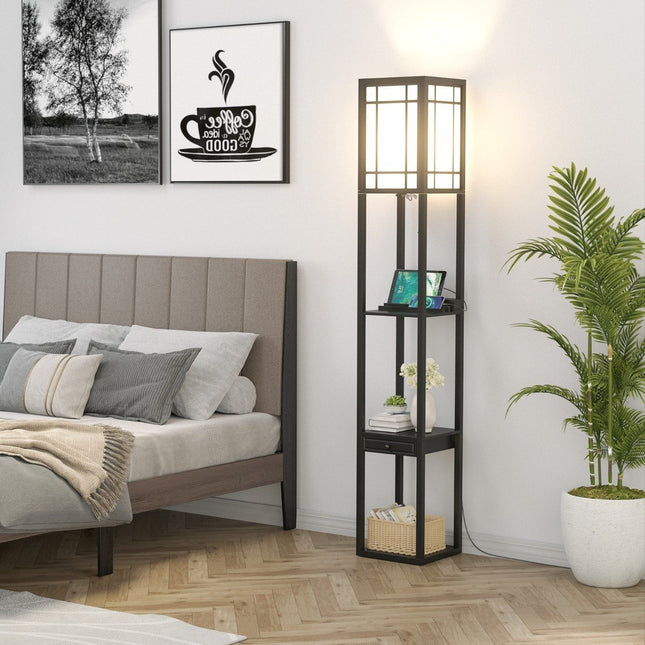 Moderní stojací lampa s policemi do obývacího pokoje a ložnice 26 x 26 x 160.5 cm černá