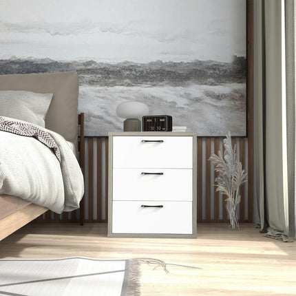 Table de chevet moderne en bois avec 3 tiroirs coulissants 55 x 47 x 65,5 cm gris + blanc