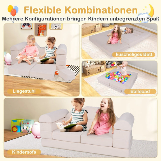 Modulares Kindersofa-Set aus Schaumstoff, 9-teilig, beige Wildlederoptik