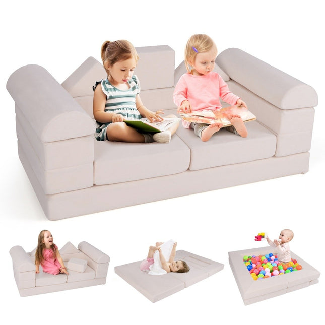 Modulares Kindersofa-Set aus Schaumstoff, 9-teilig, beige Wildlederoptik