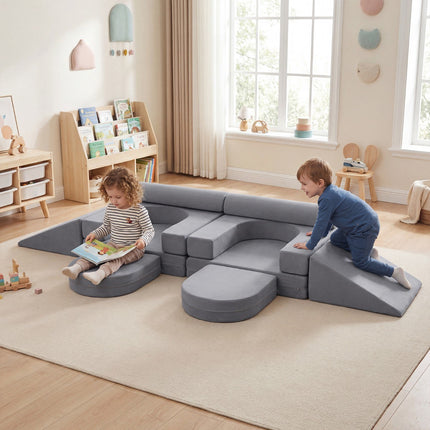 Modulares Spielsofa für Kinder, 10-teiliges Schaumstoffset, Grau