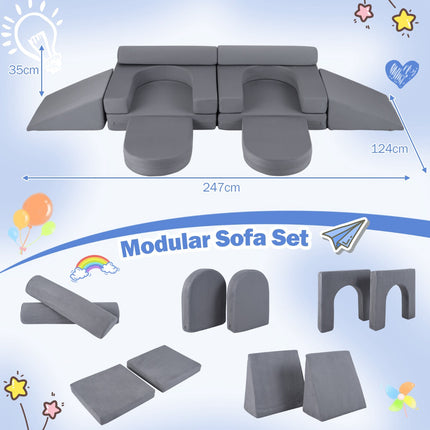 Modulares Spielsofa für Kinder, 10-teiliges Schaumstoffset, Grau