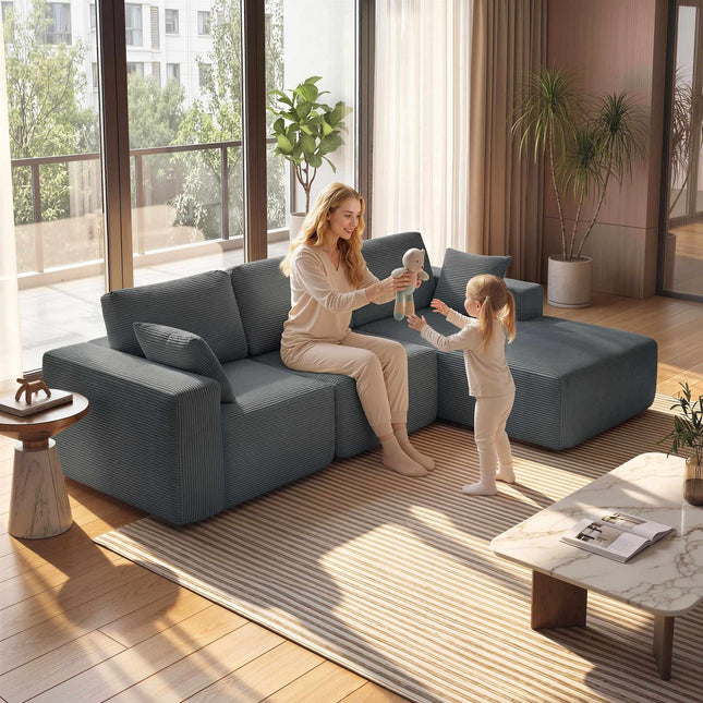 Modulares L-förmiges Schlafsofa, tiefe Sitzfläche, Cord, Dunkelgrau