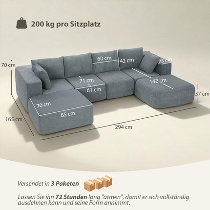 Modular U-Shaped Sofa with Deep Seats, 2 Ottomans, Dark Gray