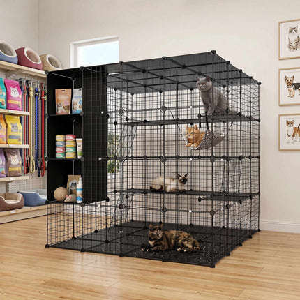 Modular XXL Cat Enclosure with Hammock, Black, 144x144x142 cm