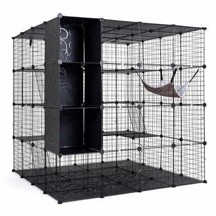 Modular XXL Cat Enclosure with Hammock, Black, 144x144x142 cm