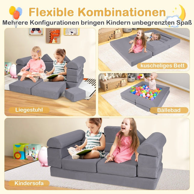 Modulares Kindersofa 9-teiliges Spielsofa aus Schaumstoffbausteinen mit bequemem Wildlederstoff Grau