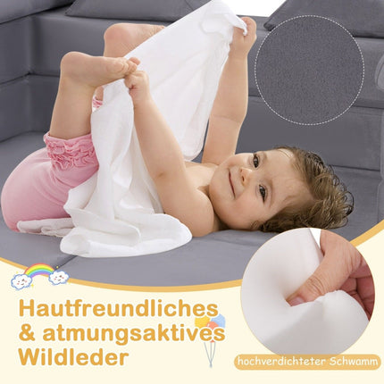 Modulares Kindersofa 9-teiliges Spielsofa aus Schaumstoffbausteinen mit bequemem Wildlederstoff Grau