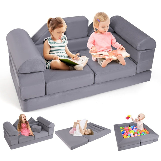 Modulares Kindersofa 9-teiliges Spielsofa aus Schaumstoffbausteinen mit bequemem Wildlederstoff Grau