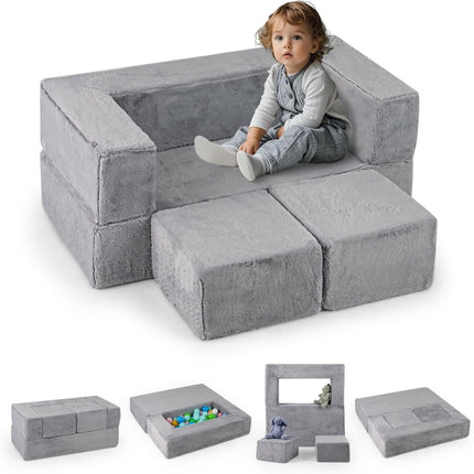 Canapé modulable pour enfants en mousse avec housse amovible en peluche grise