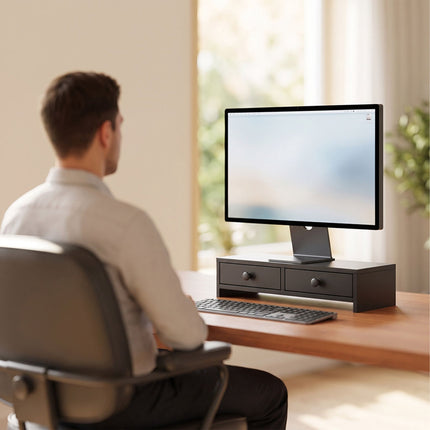 Monitor Riser with 2 Drawers, Black MDF, 47 cm