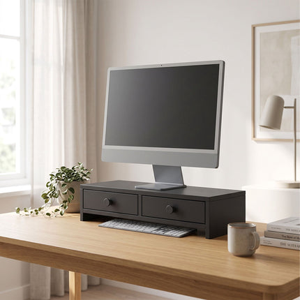 Monitor Riser with 2 Drawers, Black MDF, 47 cm