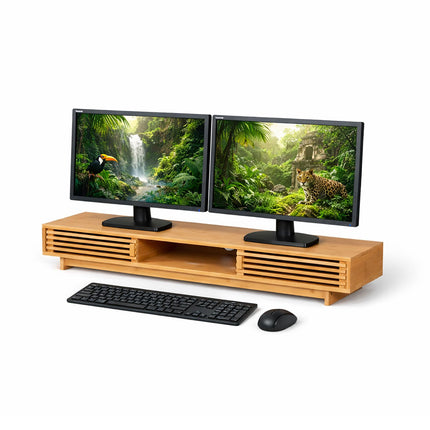 Monitorständer mit 3 Fächern, Bambus-Finish