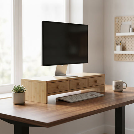 Monitor Stand with 3 Drawers, Wood Look, MDF
