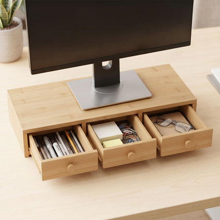 Monitor Stand with 3 Drawers, Wood Look, MDF