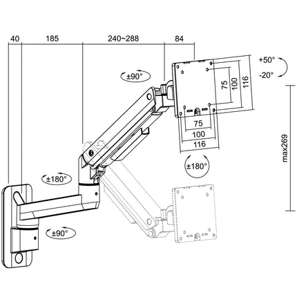 Monitor arm Wall mount 17-49" gas spring 424mm max 20kg