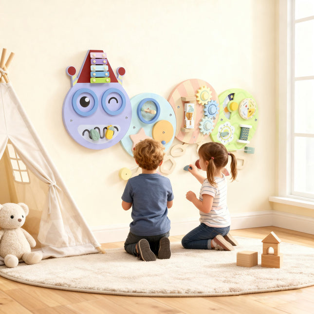 Montessori-Motoriktafel – 7-in-1 Wandspielzeug, Xylophon, Zahnräder, 108 cm