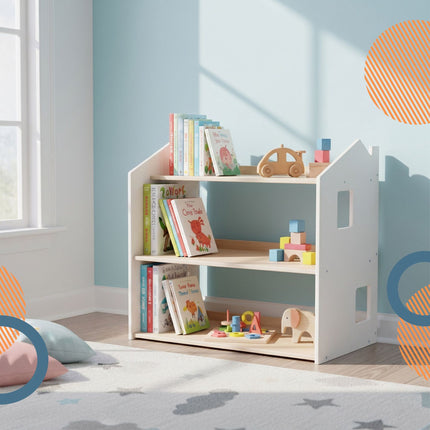 Montessori Kinderbücherregal, Hausförmiges Regal, MDF