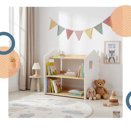 Montessori Kinderbücherregal, Hausförmiges Regal, MDF