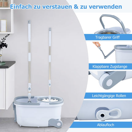 Wischmopp-Set mit Eimer, Auswringfunktion, zwei Köpfen, 360°-Rotation