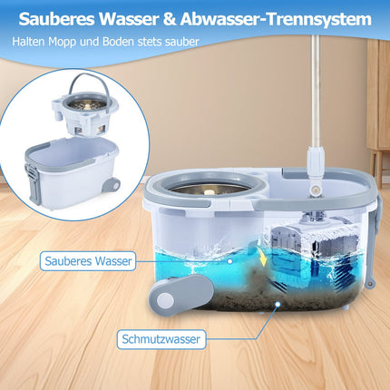 Wischmopp-Set mit Eimer, Auswringfunktion, zwei Köpfen, 360°-Rotation