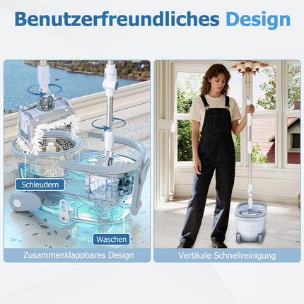 Wischmopp-Set mit Eimer, Auswringfunktion, zwei Köpfen, 360°-Rotation