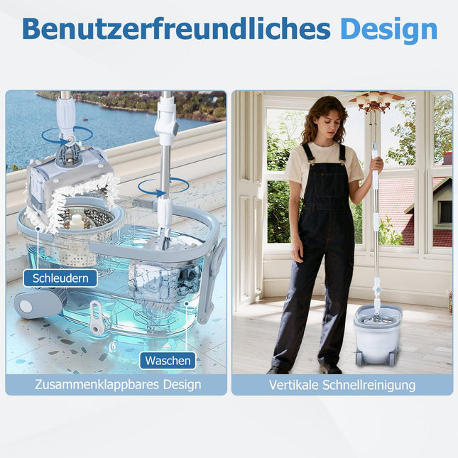 Mop and Bucket Set with Wringer, Dual Heads, 360 Rotation
