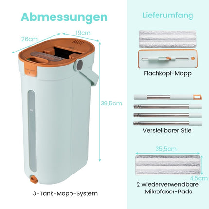 Wischmopp- und Eimersystem mit 3-Kammern-Design, 2,4 L, Grün