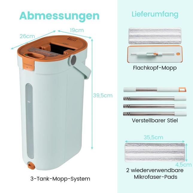 Mop and Bucket System with 3-Chamber Design, 2.4L, Green