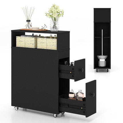 Movable bathroom cabinet with 2 pull-out drawers &amp; Brush holder for small spaces black