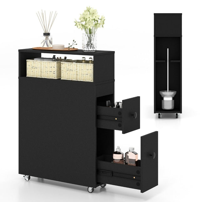 Movable bathroom cabinet with 2 pull-out drawers &amp; Brush holder for small spaces black