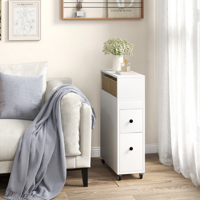 Movable bathroom cabinet with 2 pull-out drawers & brush holder for small spaces white