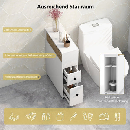 Mobiler Badezimmerschrank mit 2 Auszügen &amp; Bürstenhalter für kleine Räume weiß