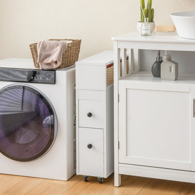 Movable bathroom cabinet with 2 pull-out drawers & brush holder for small spaces white