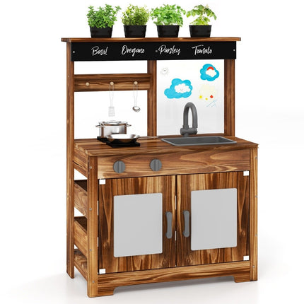 Cuisine d'extérieur pour enfants en bois de sapin avec 4 casseroles marron