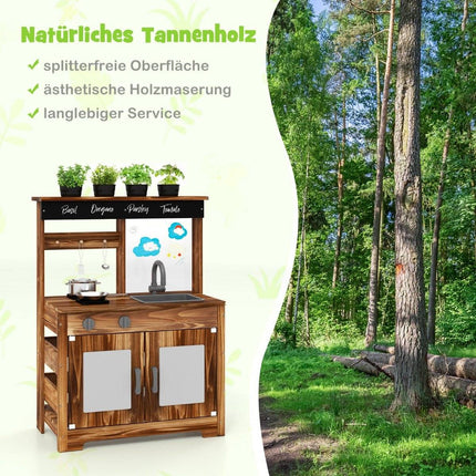 Cuisine d'extérieur pour enfants en bois de sapin avec 4 casseroles marron