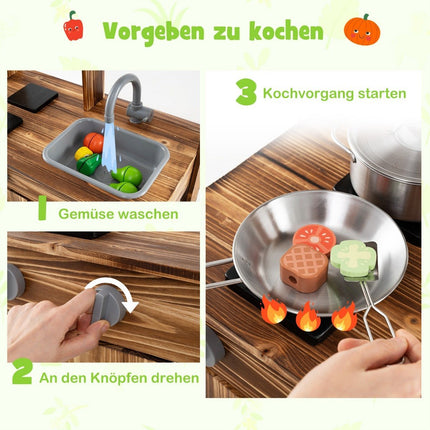 Cuisine d'extérieur pour enfants en bois de sapin avec 4 casseroles marron
