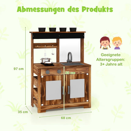 Cuisine d'extérieur pour enfants en bois de sapin avec 4 casseroles marron