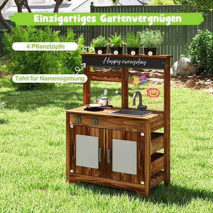 Cuisine d'extérieur pour enfants en bois de sapin avec 4 casseroles marron