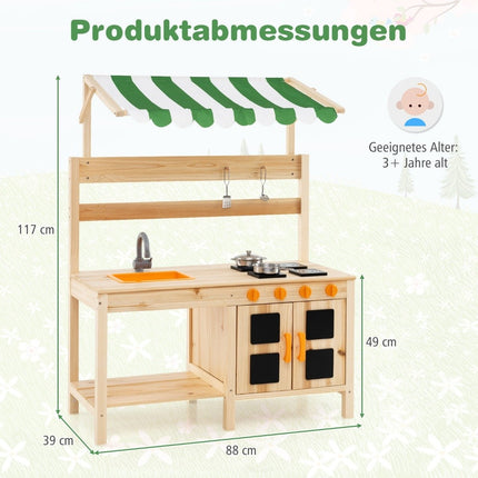 Matschküche Kinder Outdoor Kinderküche Tannenholz mit Dach 88 x 39 x 117 cm Natur