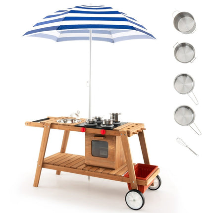 Mud kitchen children's outdoor children's kitchen wood with parasol and wheels blue