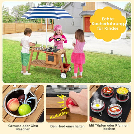 Mud kitchen children's outdoor children's kitchen wood with parasol and wheels blue