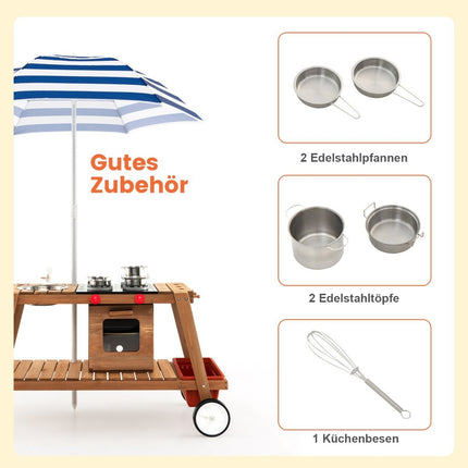 Mud kitchen children's outdoor children's kitchen wood with parasol and wheels blue