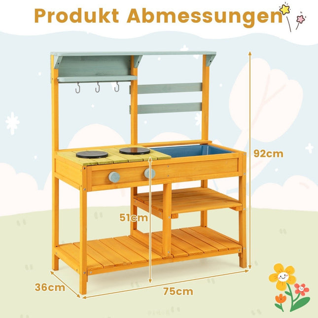 Matschküche Kinderspielküche aus Fichtenholz mit Herdknöpfen &amp; Spüle gelb