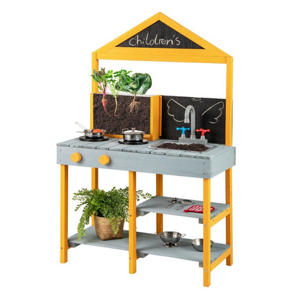 Matschküche für Kinder, Outdoor-Kinderküche aus Tannenholz mit Pflanzkübel, 2 Tafeln und blauem Wasserhahn.