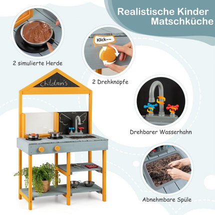Matschküche für Kinder, Outdoor-Kinderküche aus Tannenholz mit Pflanzkübel, 2 Tafeln und blauem Wasserhahn.